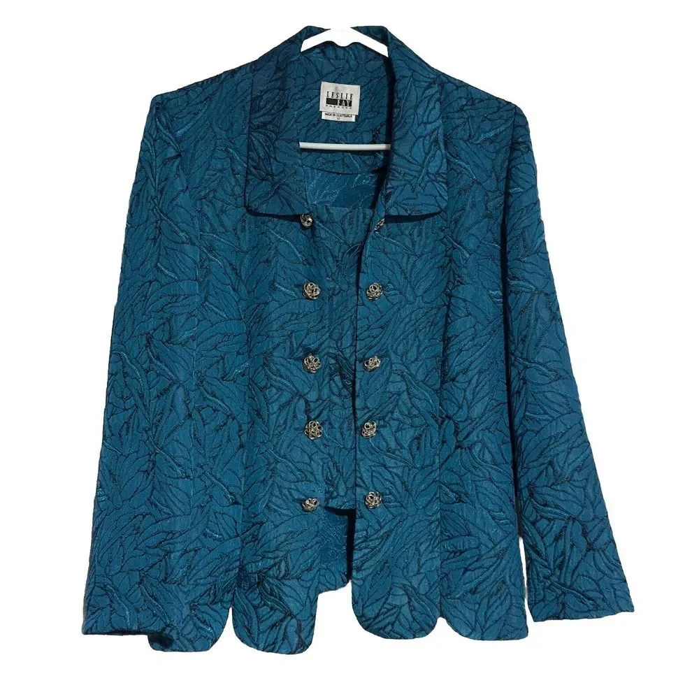 Vtg Leslie Fay‎ 12 Turquoise Teal Blazer Embroider Style Buttoned Scallop Trim
